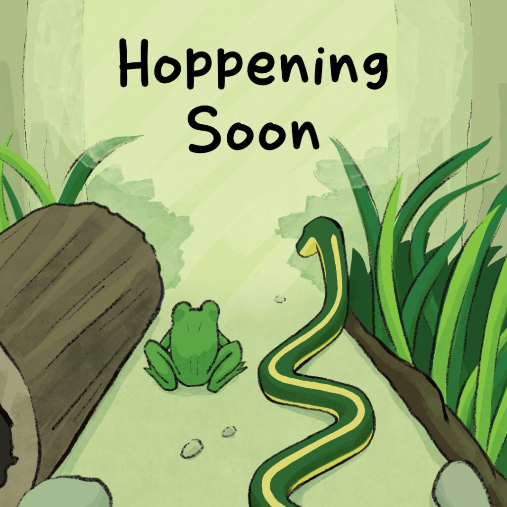 A frog and a snake, shown from the back, meandering down a forest path.