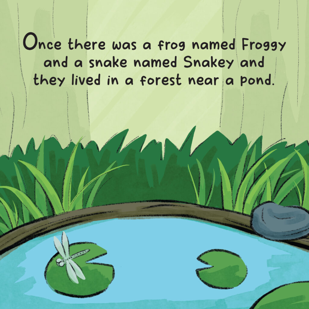 Illustrated image of a pond in the forest.
