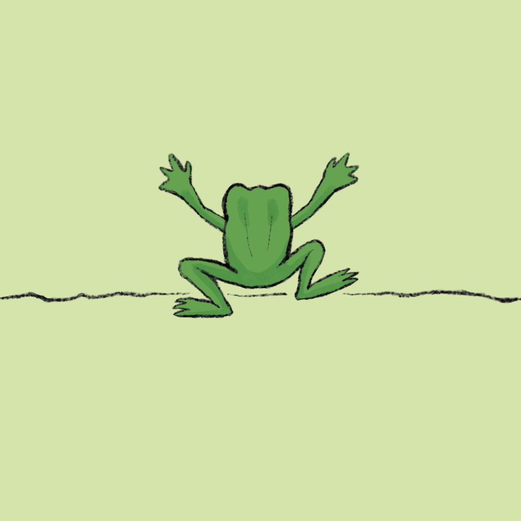 Image of a green frog from behind, jumping excitedly.