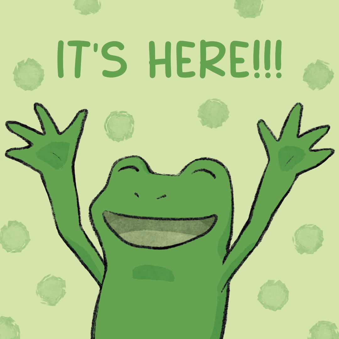 Frog celebrating with his hands in the air.